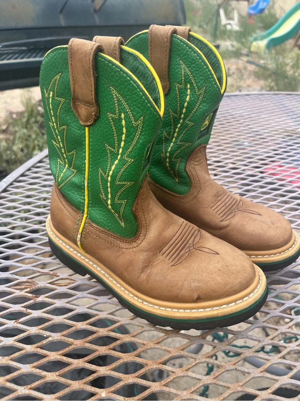John Deere Kids Cowboy Boots Size 1M Green Brown Leather Western